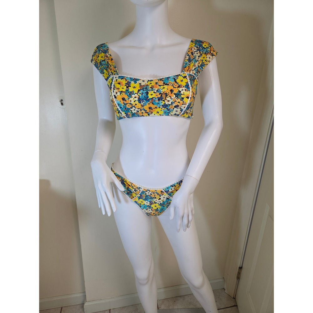 L*Space Gizelle Top Sol Bottom Bikini Set Daisy Diamond Floral Yellow Blue L